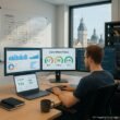Entwickler in modernem Büro in Karlsruhe mit Monitoren, Whiteboard, Serverrack und Blick auf die Skyline, visualisiert technische Daten und Website-Optimierung.