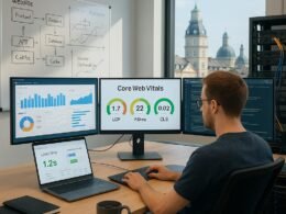 Entwickler in modernem Büro in Karlsruhe mit Monitoren, Whiteboard, Serverrack und Blick auf die Skyline, visualisiert technische Daten und Website-Optimierung.