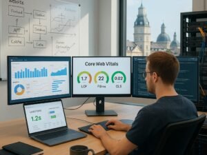 Entwickler in modernem Büro in Karlsruhe mit Monitoren, Whiteboard, Serverrack und Blick auf die Skyline, visualisiert technische Daten und Website-Optimierung.
