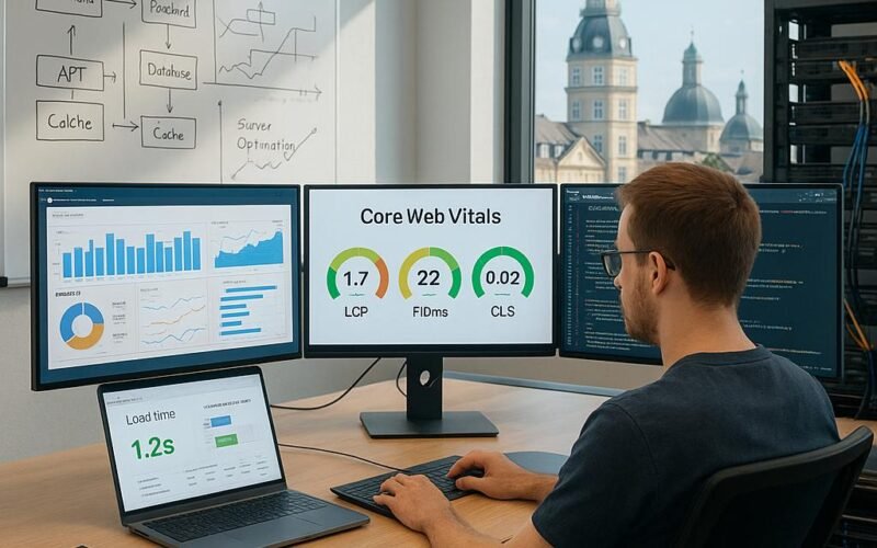 Entwickler in modernem Büro in Karlsruhe mit Monitoren, Whiteboard, Serverrack und Blick auf die Skyline, visualisiert technische Daten und Website-Optimierung.