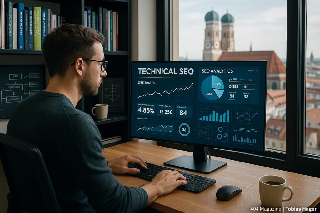 Digitalmarketing-Experte in einem modernen Münchner Büro mit großem Bildschirm, Daten und SEO-Analysen