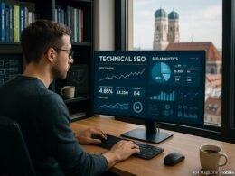 Digitalmarketing-Experte in einem modernen Münchner Büro mit großem Bildschirm, Daten und SEO-Analysen