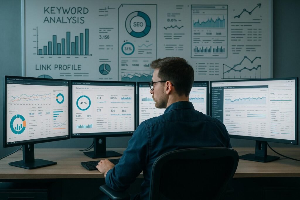 Digitaler Analytik-Experte sitzt in einem modernen Büro vor Monitoren mit Diagrammen und SEO-Analysen, im Hintergrund Whiteboard mit Skizzen und Charts.