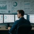 Digitaler Analytik-Experte sitzt in einem modernen Büro vor Monitoren mit Diagrammen und SEO-Analysen, im Hintergrund Whiteboard mit Skizzen und Charts.