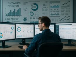 Digitaler Analytik-Experte sitzt in einem modernen Büro vor Monitoren mit Diagrammen und SEO-Analysen, im Hintergrund Whiteboard mit Skizzen und Charts.