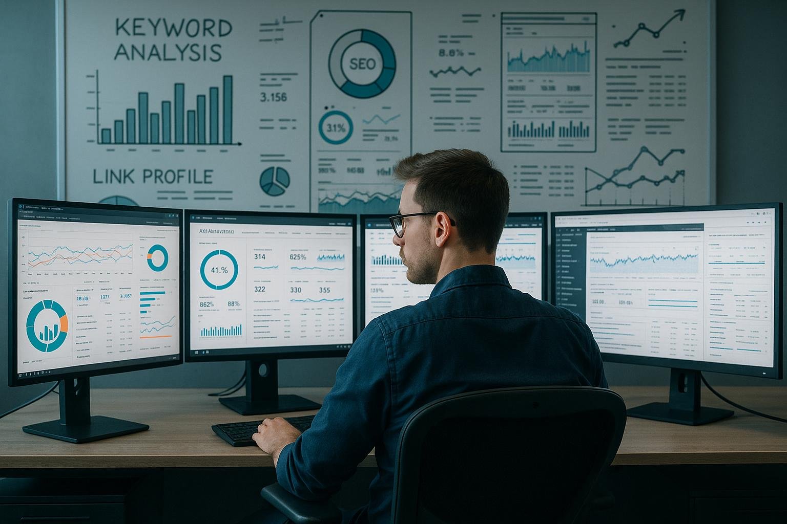 Digitaler Analytik-Experte sitzt in einem modernen Büro vor Monitoren mit Diagrammen und SEO-Analysen, im Hintergrund Whiteboard mit Skizzen und Charts.