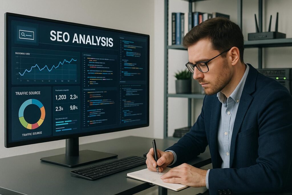 Technisches Büro mit großem Bildschirm, der eine SEO-Analysetafel mit Diagrammen und Code-Editoren zeigt. Im Vordergrund sitzt ein Entwickler in Business-Casual, im Hintergrund Regale mit technischen Büchern und Servergeräte.