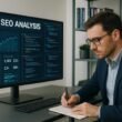 Technisches Büro mit großem Bildschirm, der eine SEO-Analysetafel mit Diagrammen und Code-Editoren zeigt. Im Vordergrund sitzt ein Entwickler in Business-Casual, im Hintergrund Regale mit technischen Büchern und Servergeräte.