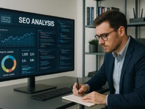 Technisches Büro mit großem Bildschirm, der eine SEO-Analysetafel mit Diagrammen und Code-Editoren zeigt. Im Vordergrund sitzt ein Entwickler in Business-Casual, im Hintergrund Regale mit technischen Büchern und Servergeräte.
