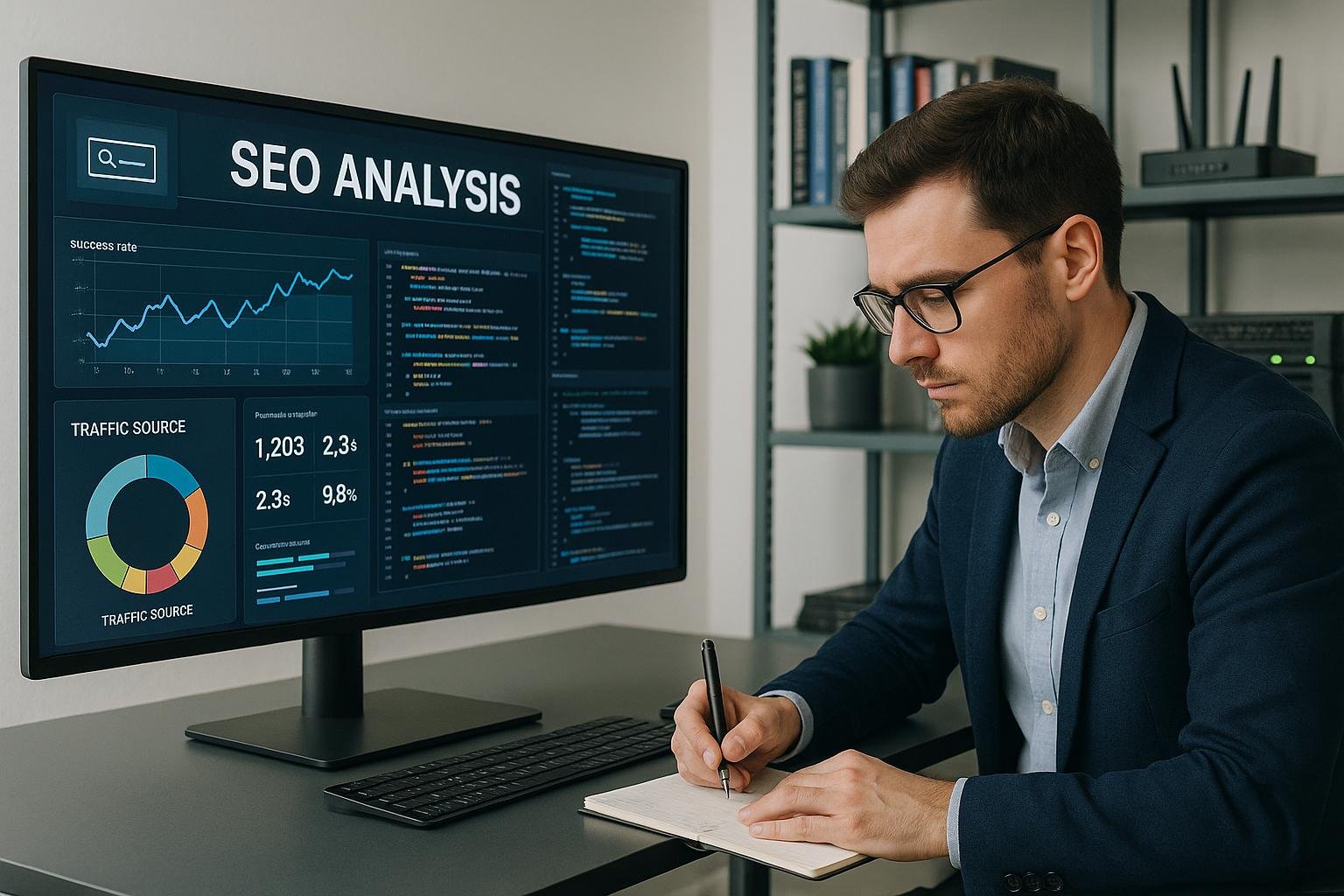 Technisches Büro mit großem Bildschirm, der eine SEO-Analysetafel mit Diagrammen und Code-Editoren zeigt. Im Vordergrund sitzt ein Entwickler in Business-Casual, im Hintergrund Regale mit technischen Büchern und Servergeräte.
