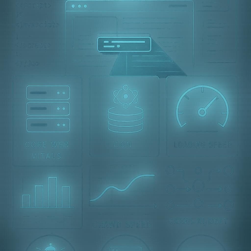 Futuristisches Webdesign mit transparenten Ebenen, technischen Symbolen und einem Roboter, der eine Webseite scannt, präsentiert auf einer digitalen Oberfläche