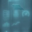 Futuristisches Webdesign mit transparenten Ebenen, technischen Symbolen und einem Roboter, der eine Webseite scannt, präsentiert auf einer digitalen Oberfläche