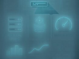 Futuristisches Webdesign mit transparenten Ebenen, technischen Symbolen und einem Roboter, der eine Webseite scannt, präsentiert auf einer digitalen Oberfläche