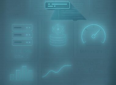 Futuristisches Webdesign mit transparenten Ebenen, technischen Symbolen und einem Roboter, der eine Webseite scannt, präsentiert auf einer digitalen Oberfläche