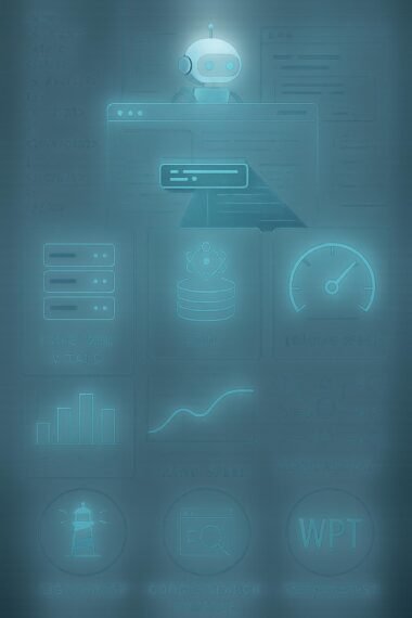 Futuristisches Webdesign mit transparenten Ebenen, technischen Symbolen und einem Roboter, der eine Webseite scannt, präsentiert auf einer digitalen Oberfläche