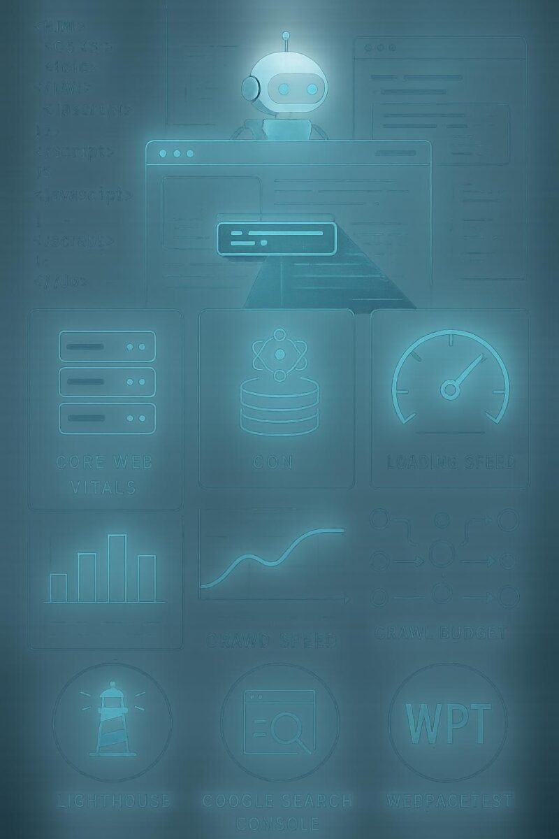Futuristisches Webdesign mit transparenten Ebenen, technischen Symbolen und einem Roboter, der eine Webseite scannt, präsentiert auf einer digitalen Oberfläche