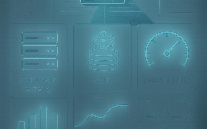 Futuristisches Webdesign mit transparenten Ebenen, technischen Symbolen und einem Roboter, der eine Webseite scannt, präsentiert auf einer digitalen Oberfläche