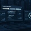 Modernes Webseiten-Backend mit Monitoren, Diagrammen, Code und Netzwerk-Infrastruktur, das technische SEO-Optimierung darstellt