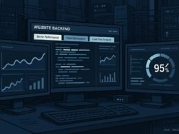 Modernes Webseiten-Backend mit Monitoren, Diagrammen, Code und Netzwerk-Infrastruktur, das technische SEO-Optimierung darstellt