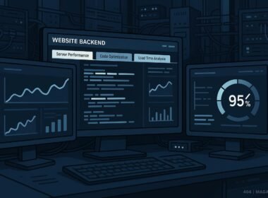 Modernes Webseiten-Backend mit Monitoren, Diagrammen, Code und Netzwerk-Infrastruktur, das technische SEO-Optimierung darstellt