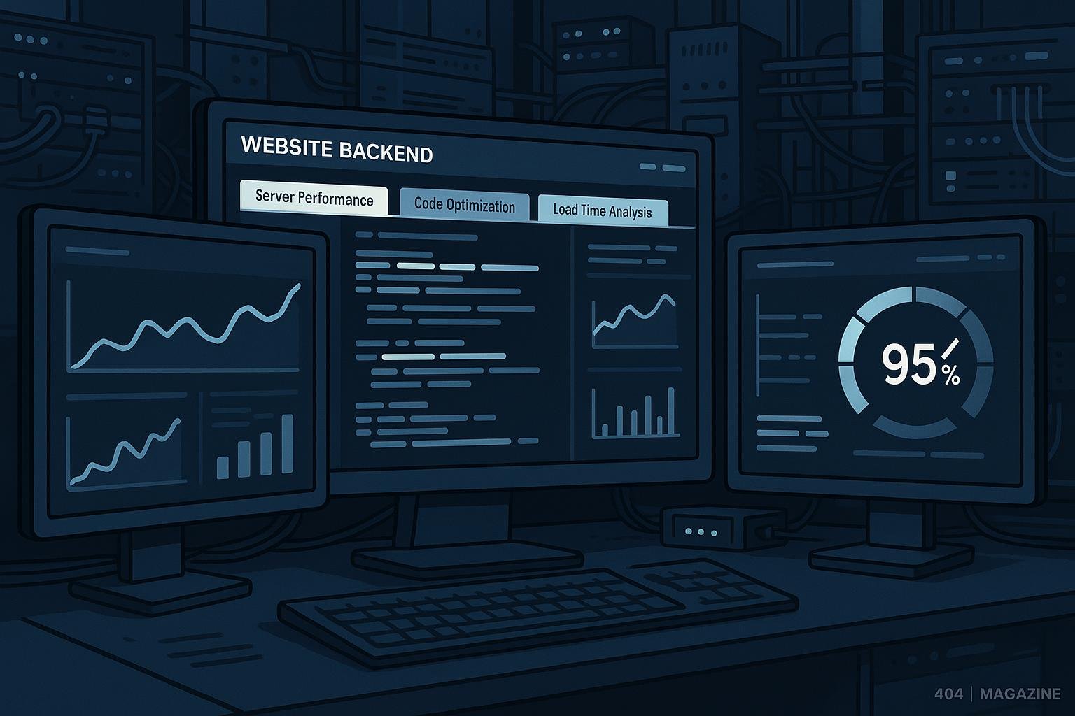 Modernes Webseiten-Backend mit Monitoren, Diagrammen, Code und Netzwerk-Infrastruktur, das technische SEO-Optimierung darstellt