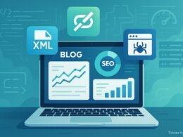 Digitale Landschaftsillustration eines modernen Blog-SEO-Setups mit Laptop, Icons für technische SEO-Elemente und Hintergrundcode, Server und Geschwindigkeitsmesser in Blau, Grün und Weiß