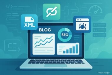 Digitale Landschaftsillustration eines modernen Blog-SEO-Setups mit Laptop, Icons für technische SEO-Elemente und Hintergrundcode, Server und Geschwindigkeitsmesser in Blau, Grün und Weiß