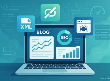 Digitale Landschaftsillustration eines modernen Blog-SEO-Setups mit Laptop, Icons für technische SEO-Elemente und Hintergrundcode, Server und Geschwindigkeitsmesser in Blau, Grün und Weiß