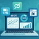 Digitale Landschaftsillustration eines modernen Blog-SEO-Setups mit Laptop, Icons für technische SEO-Elemente und Hintergrundcode, Server und Geschwindigkeitsmesser in Blau, Grün und Weiß