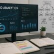 Moderner Arbeitsplatz mit Computerbildschirm, Notizen, Whiteboard mit Website-Architektur und Core Web Vitals, inklusive Pflanze, für technische SEO-Analyse.