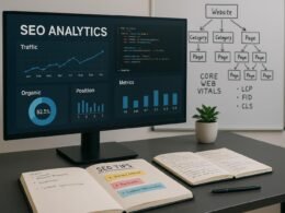 Moderner Arbeitsplatz mit Computerbildschirm, Notizen, Whiteboard mit Website-Architektur und Core Web Vitals, inklusive Pflanze, für technische SEO-Analyse.