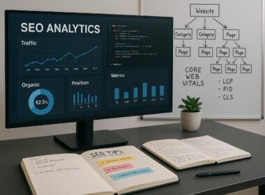 Moderner Arbeitsplatz mit Computerbildschirm, Notizen, Whiteboard mit Website-Architektur und Core Web Vitals, inklusive Pflanze, für technische SEO-Analyse.