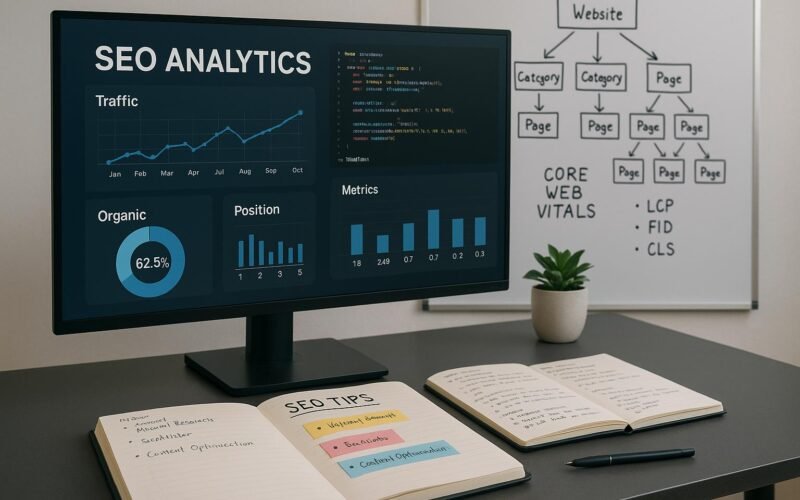Moderner Arbeitsplatz mit Computerbildschirm, Notizen, Whiteboard mit Website-Architektur und Core Web Vitals, inklusive Pflanze, für technische SEO-Analyse.