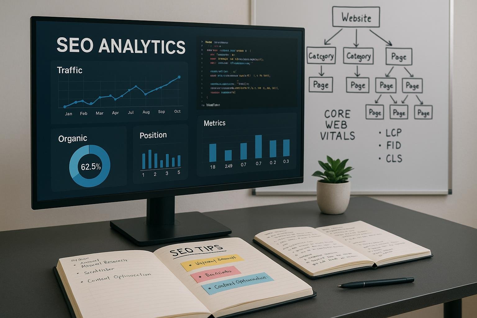 Moderner Arbeitsplatz mit Computerbildschirm, Notizen, Whiteboard mit Website-Architektur und Core Web Vitals, inklusive Pflanze, für technische SEO-Analyse.
