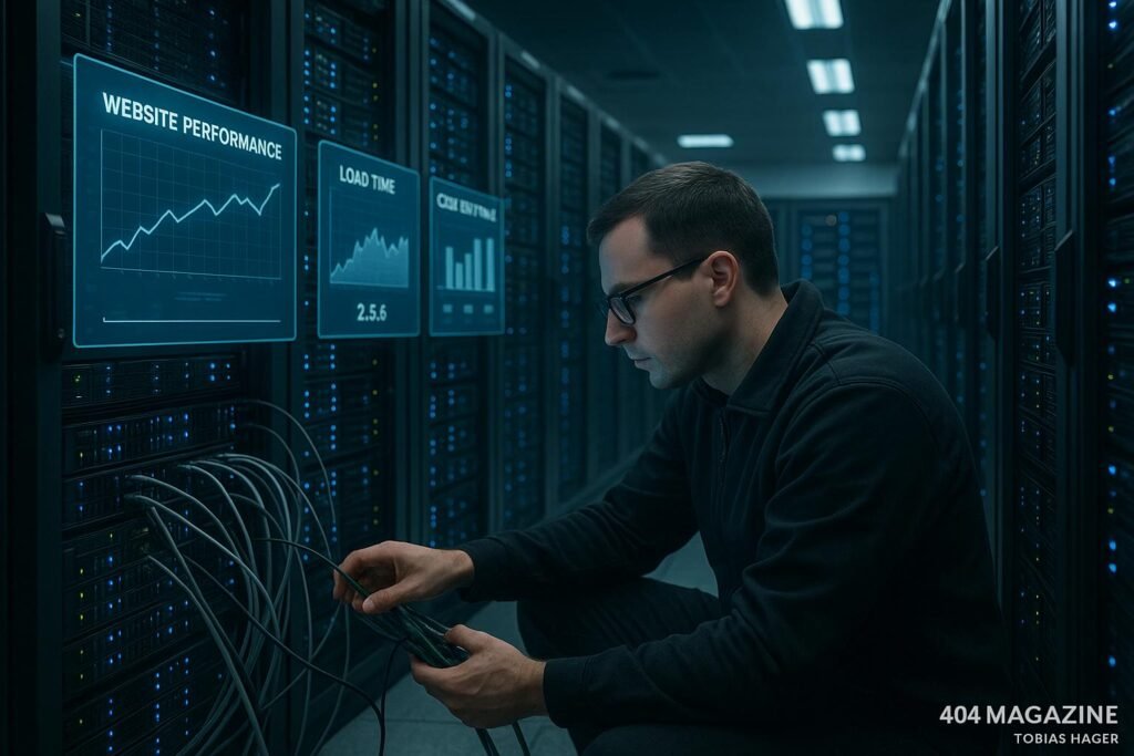 Moderner, professioneller Serverraum mit Hochleistungsservern, blinkenden Statusanzeigen und schwebenden holographischen Diagrammen für Website-Performance, Ladezeiten und Core Web Vitals, techniker bei Kabel- und Hardware-Überprüfung, klare kalte Beleuchtung, digital und zukunftsorientiert. Credit: 404 Magazine (Tobias Hager)
