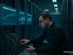 Moderner, professioneller Serverraum mit Hochleistungsservern, blinkenden Statusanzeigen und schwebenden holographischen Diagrammen für Website-Performance, Ladezeiten und Core Web Vitals, techniker bei Kabel- und Hardware-Überprüfung, klare kalte Beleuchtung, digital und zukunftsorientiert. Credit: 404 Magazine (Tobias Hager)