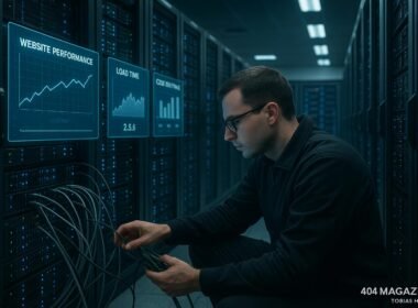 Moderner, professioneller Serverraum mit Hochleistungsservern, blinkenden Statusanzeigen und schwebenden holographischen Diagrammen für Website-Performance, Ladezeiten und Core Web Vitals, techniker bei Kabel- und Hardware-Überprüfung, klare kalte Beleuchtung, digital und zukunftsorientiert. Credit: 404 Magazine (Tobias Hager)