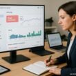 Person in Business-Outfit arbeitet konzentriert an einem großen Bildschirm mit Google Search Console, umgeben von technischen Geräten und Notizen.