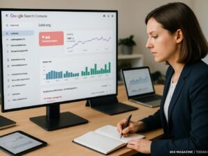 Person in Business-Outfit arbeitet konzentriert an einem großen Bildschirm mit Google Search Console, umgeben von technischen Geräten und Notizen.