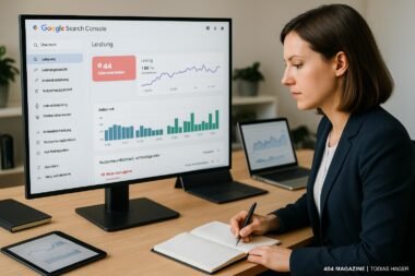 Person in Business-Outfit arbeitet konzentriert an einem großen Bildschirm mit Google Search Console, umgeben von technischen Geräten und Notizen.