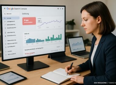 Person in Business-Outfit arbeitet konzentriert an einem großen Bildschirm mit Google Search Console, umgeben von technischen Geräten und Notizen.