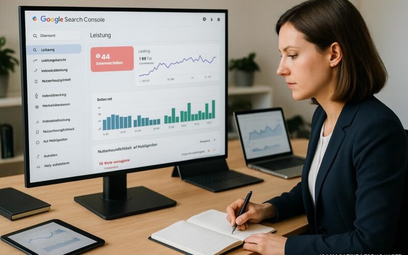 Person in Business-Outfit arbeitet konzentriert an einem großen Bildschirm mit Google Search Console, umgeben von technischen Geräten und Notizen.
