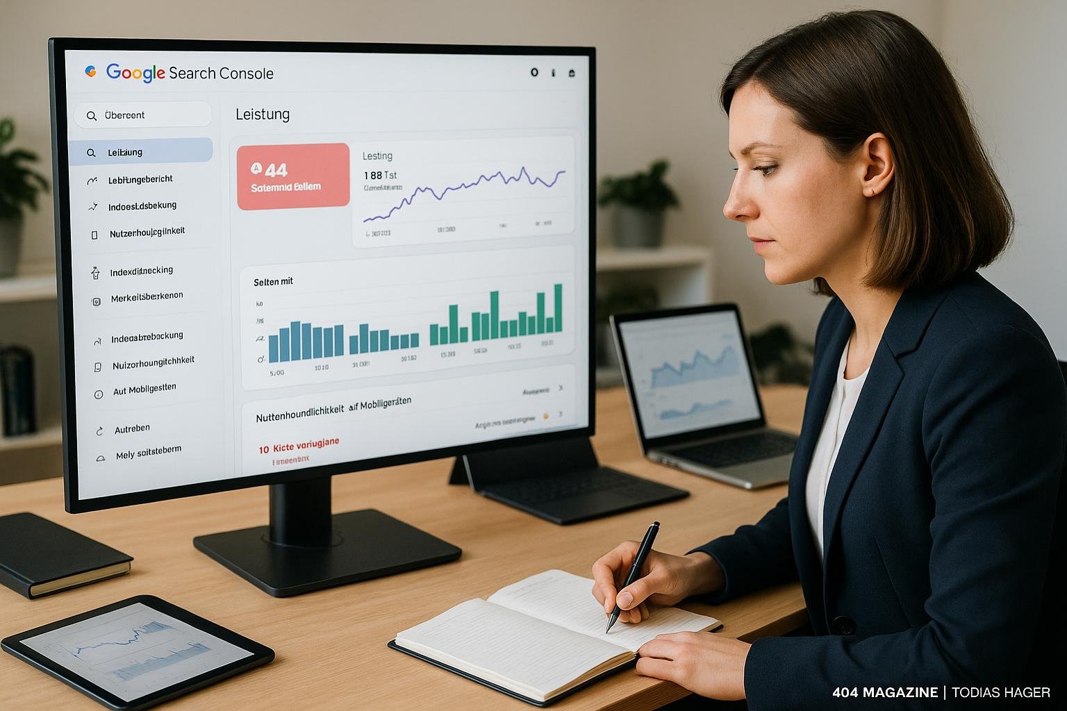 Person in Business-Outfit arbeitet konzentriert an einem großen Bildschirm mit Google Search Console, umgeben von technischen Geräten und Notizen.