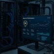 Modern ausgestatteter Server-Raum mit organisierten Hardware-Komponenten, blinkenden LEDs und einem Bildschirm, der eine Website-Performance-Analyse zeigt