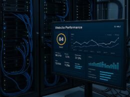 Modern ausgestatteter Server-Raum mit organisierten Hardware-Komponenten, blinkenden LEDs und einem Bildschirm, der eine Website-Performance-Analyse zeigt