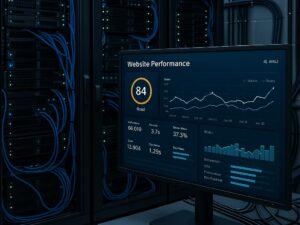 Modern ausgestatteter Server-Raum mit organisierten Hardware-Komponenten, blinkenden LEDs und einem Bildschirm, der eine Website-Performance-Analyse zeigt