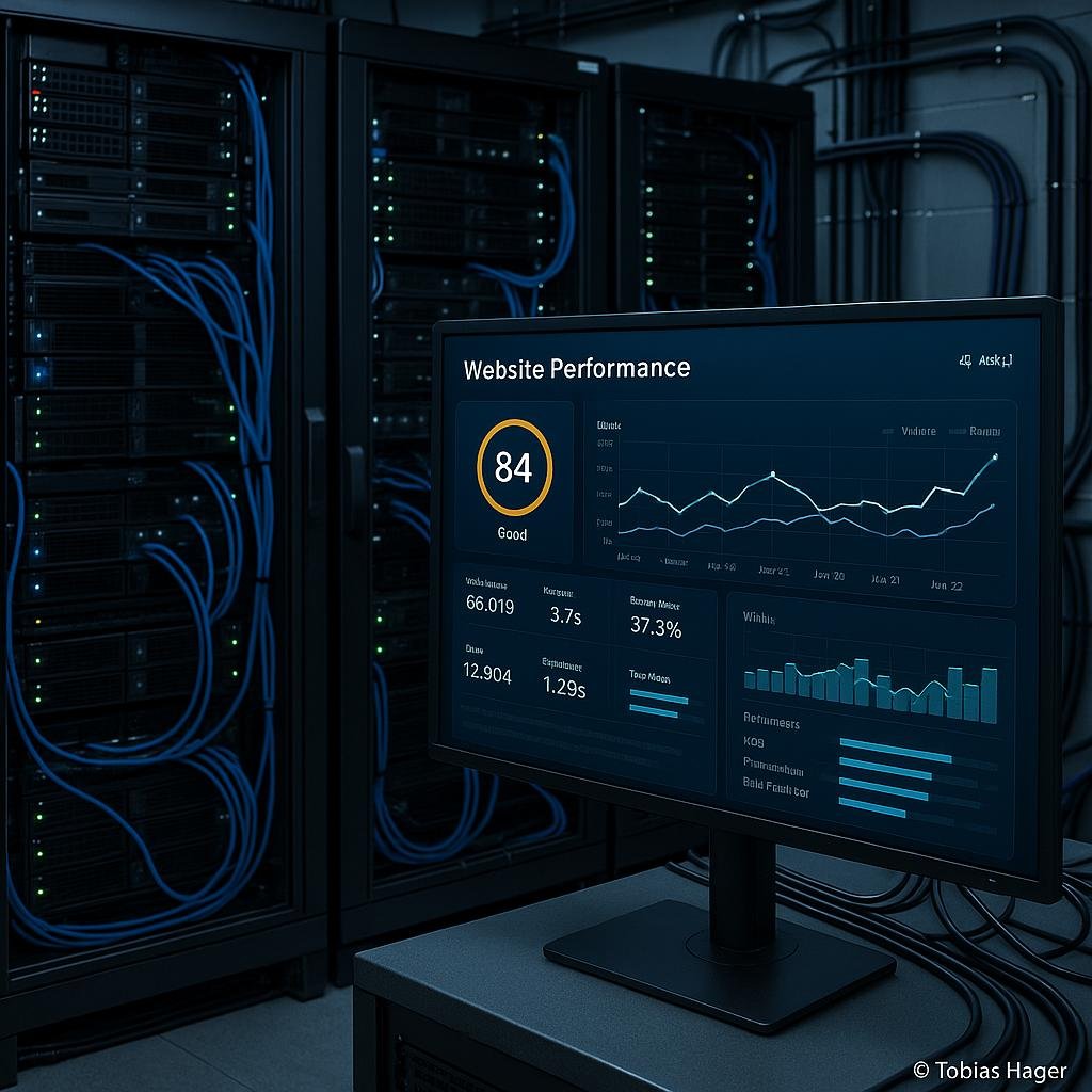 Modern ausgestatteter Server-Raum mit organisierten Hardware-Komponenten, blinkenden LEDs und einem Bildschirm, der eine Website-Performance-Analyse zeigt