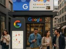 Modernes Geschäft in einer lebhaften Stadt mit digitaler Google Maps-Anzeige, Menschen, die unterwegs auf Smartphones schauen, und einer sichtbaren Google My Business-Box