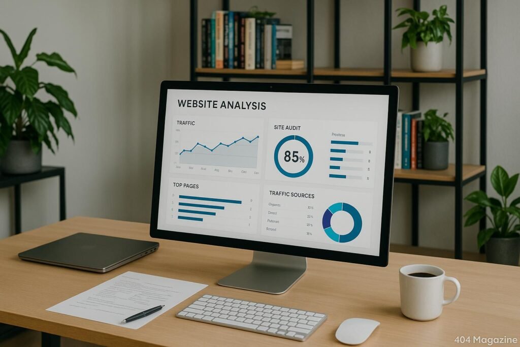 Modernes Büro mit Computerbildschirm, Notizblättern, Laptop, Kaffee, Regalen mit Büchern und Pflanzen, symbolisiert SEO-Analyse im Arbeitsalltag