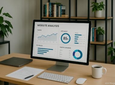 Modernes Büro mit Computerbildschirm, Notizblättern, Laptop, Kaffee, Regalen mit Büchern und Pflanzen, symbolisiert SEO-Analyse im Arbeitsalltag